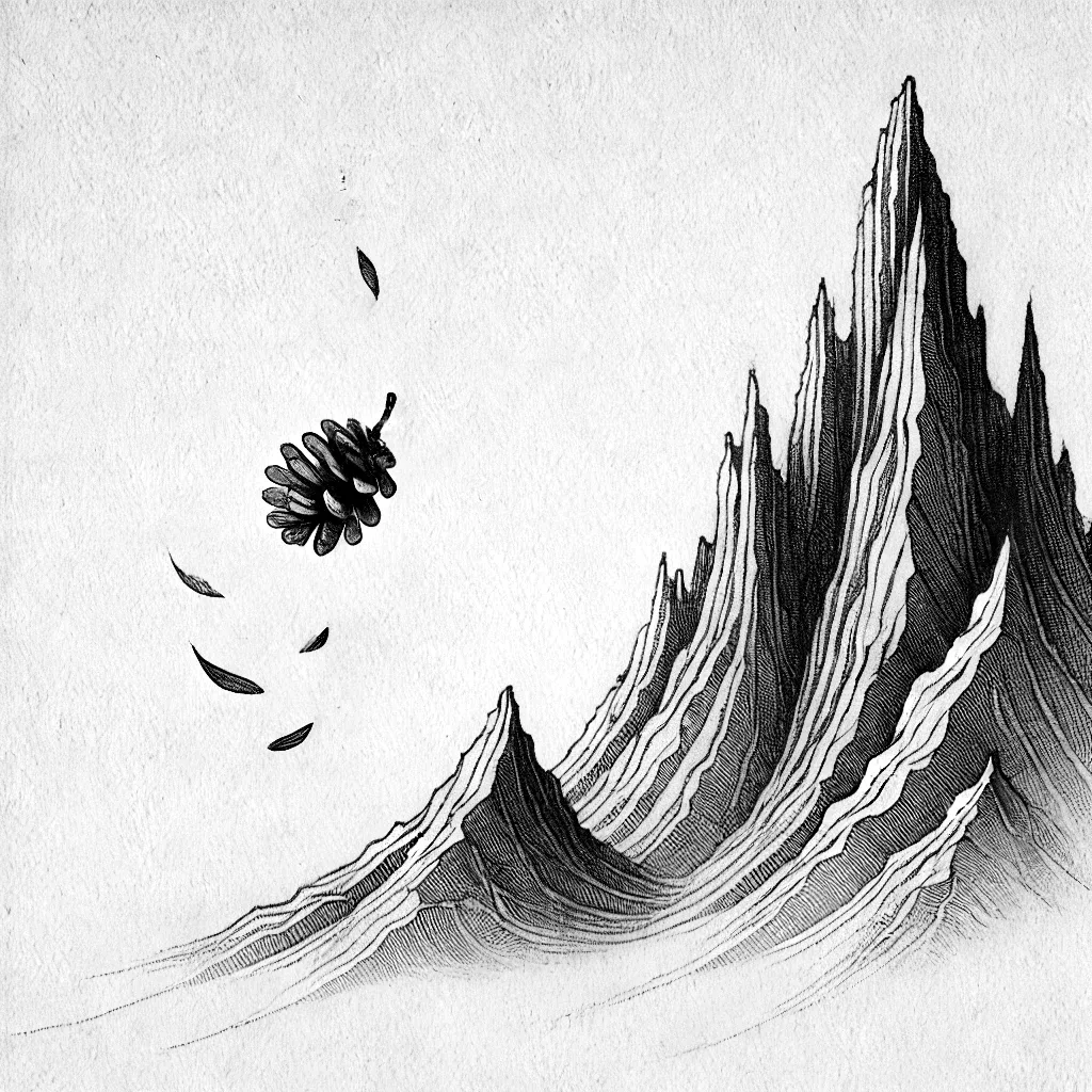 A pinecone falls above the mountain.